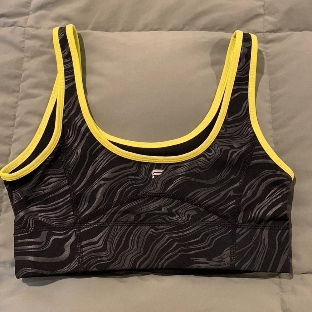 Fabletics Womens Sports Bra. Gray&Black with Bright Yellow Trim/Reverse Black.